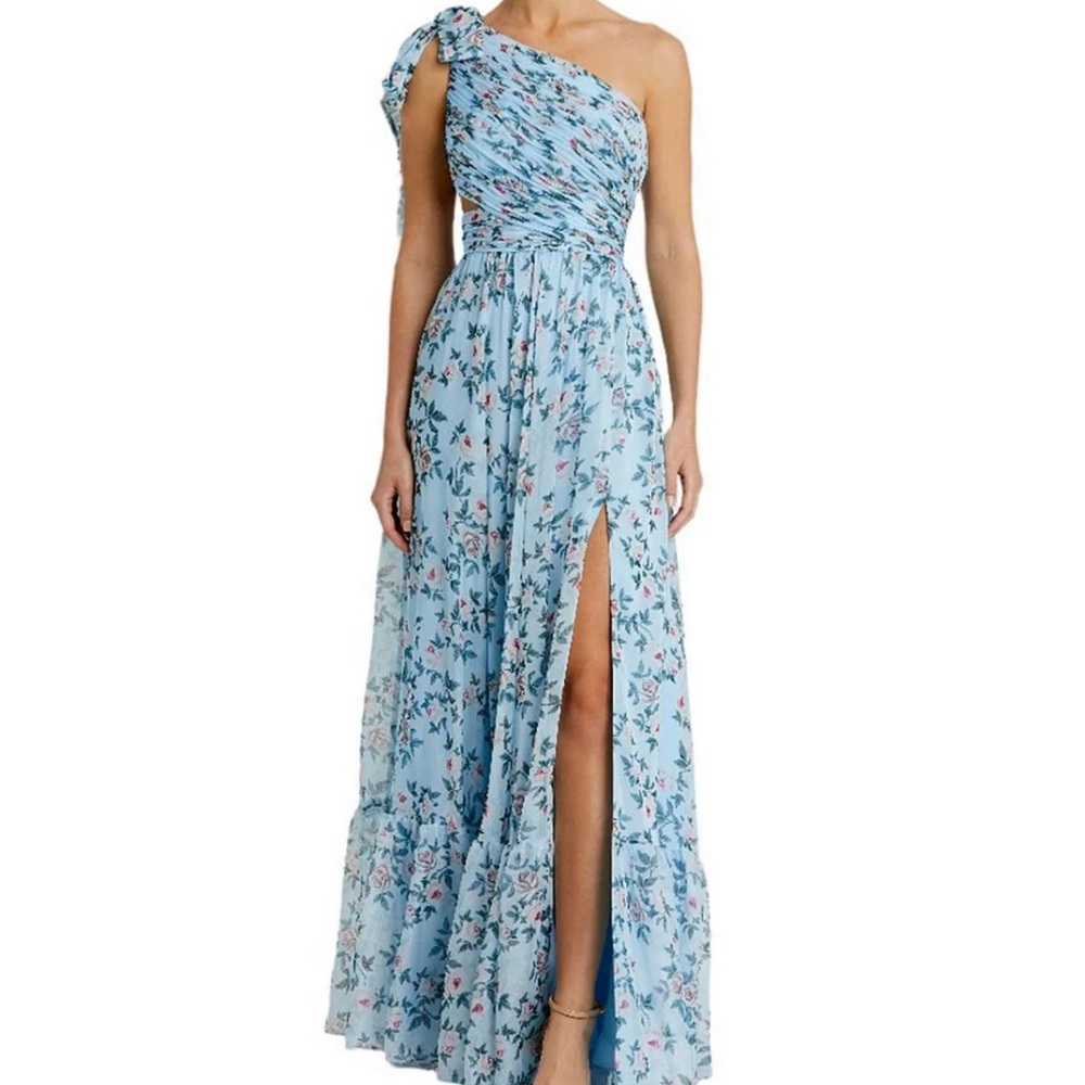Mac Duggal Blue and White Pleated One Shoulder Dress